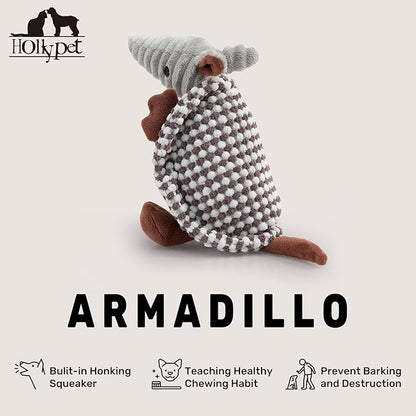Hollypet Plush Dog Squeaky Toy Stuffed Armadillo Animal Pet Puppy Chew Toys with Clean Teeth for Small Medium Large All Breed Sizes Dogs, White and Light Grey,8 in