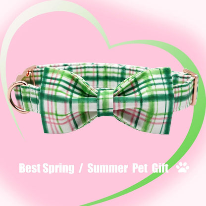 Elegant little tail Dog Collar with Bow - Pink with Green Plaid Boy or Girl Dog Collar Cute Bowtie Pet Collar Adjustable Dog Collar for Large Dogs