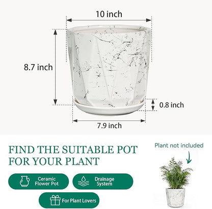 10 Inch Ceramic Plant Pot with Drainage Hole Mesh Net, Large Flower Pots for Indoor Plants with Saucer, Gardening Pots Outdoor (White Silk)