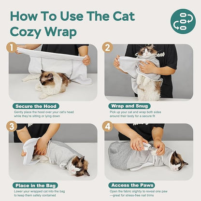 Self-Adhesive Cat Grooming Wrap, Cozy Cat Wrap for Cutting Nails, Breathable Anti-Scratch Cat Swaddle Bag for Brushing, Ear Cleaning, Dental Care, Medication, Injections,Grey L