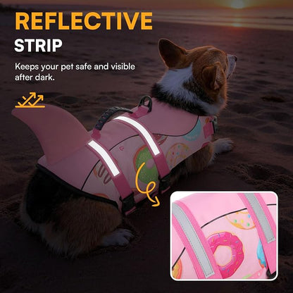 Dog Life Jacket, Dog Life Vest for Swimming, High Flotation Shark Swimming Safety Vest for Large Dogs, Reflective Pet Lifesaver Preserver with Rescue Handle, Pink Donut XL