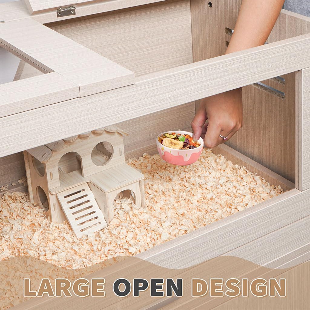 Large Hamster Cage, Wooden Hamster Cages and Habitats with Storage Cabinet and Openable Top Decorative Pet House Acrylic Panels for Hedgehog Gerbil and Rat (31.5"× 15.7"× 33.5")