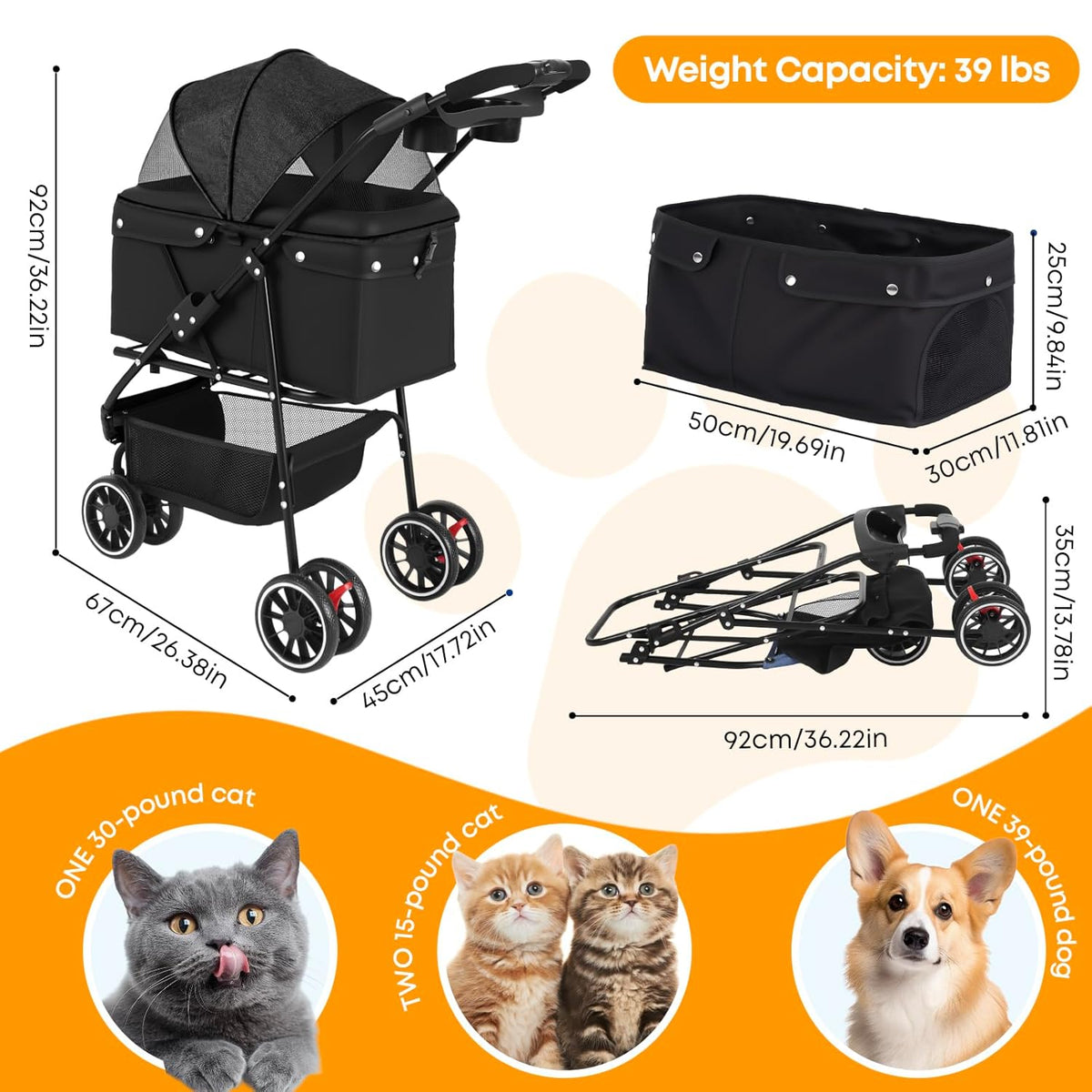 Pet Stroller,Dog Stroller for Small Medium Dogs Cats,3 Wheels,Foldable,with Breathable Mesh Canopy,Cup Holders,Easy Assembly,Black