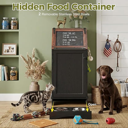 Black 38.4" H Dog Feeding Station with Storage | Pet Food Storage Cabinet with 2 Elevated Bowls,Hooks,Hidden Dog Feeding Organizer for Cats and Dogs