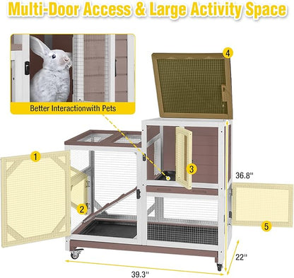 Aivituvin 39.3" Large 2-Story Rabbit Hutch, Indoor Outdoor Bunny Cage with Chew-Proof Ramp, Leak-Proof & Easy-to-Clean Tray, Lockable Wheels, for Rabbits & Guinea Pigs