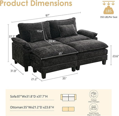 URRED Cloud Couch Modular Sectional Sofa, 87" Modern Loveseat Sofa with 2 Ottomans & Pillows, Ultra Comfy Chenille Couches for Living Room, Bedroom or Apartment, Black
