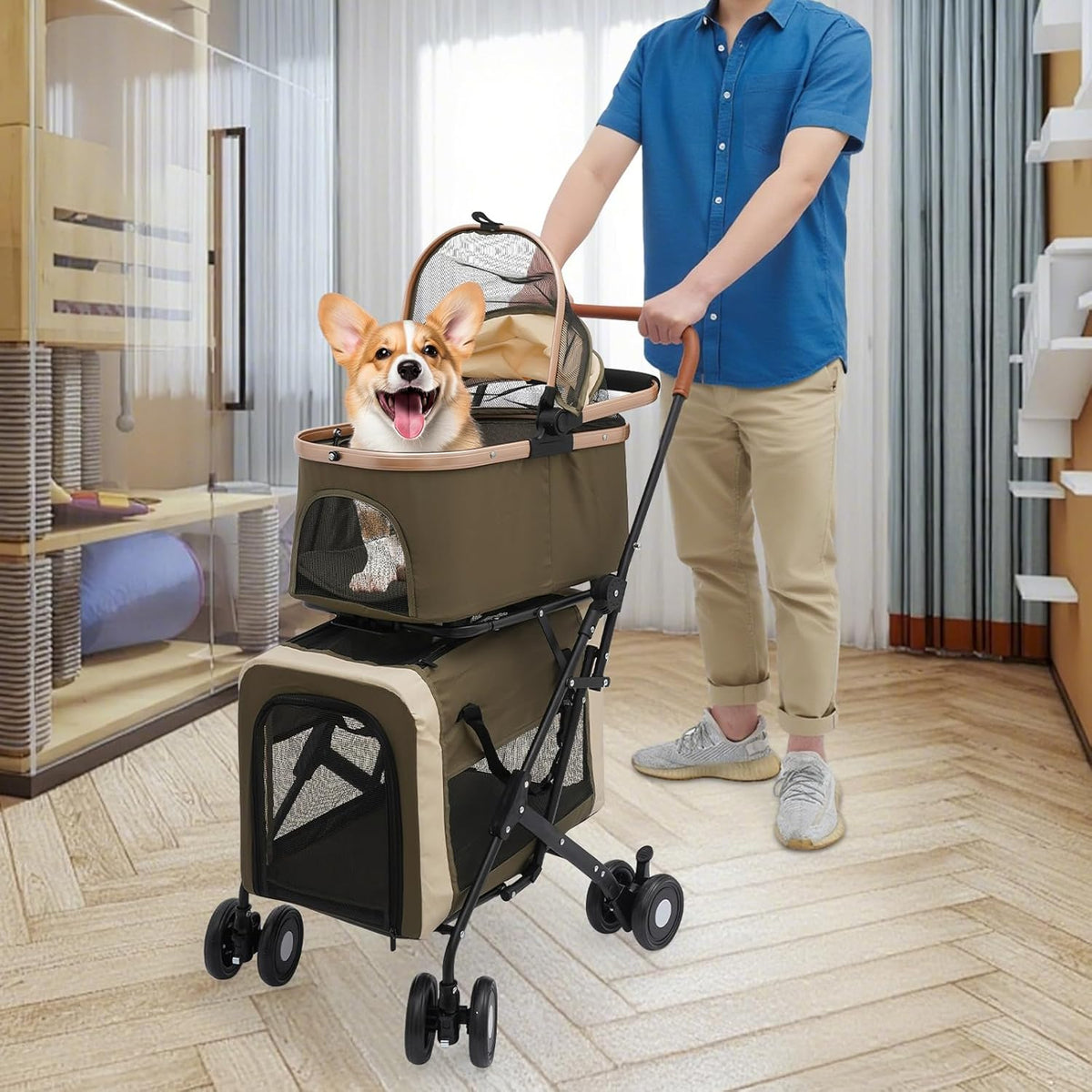 Foldable Pet Stroller for Small & Medium Dogs, Double Dog & Cat Stroller with 3-in-1 Travel System, Detachable Pet Carrier with Wheels for Cats and Dogs up to 77 lbs, Dark Green