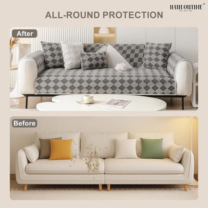 HANDONTIME Non-Slip Pet Couch Cover Washable, Plush Faux Fur Couch Protector for Cushion Pet-Friendly Sofa Covers for Dogs, Checkered Diamond Sectional Covers Dog Mat for Sofa (Grey, 35.6" x 82.7")