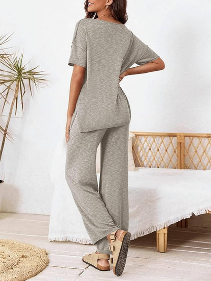 Tankaneo Women's 2 Piece Travel Outfits Casual Short Sleeve Knit Sweater Set Wide Leg Pants Lounge Sets Tracksuit