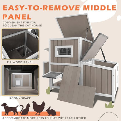 36.1" L Outdoor Cat House,2 Story Wooden Outdoor Cat Shelter with 3 Escape Doors,Weatherproof Fir Wood Feral Cat House with 2 Big Rest Rooms & Openable Asphalt Roof for 2-3 Cats