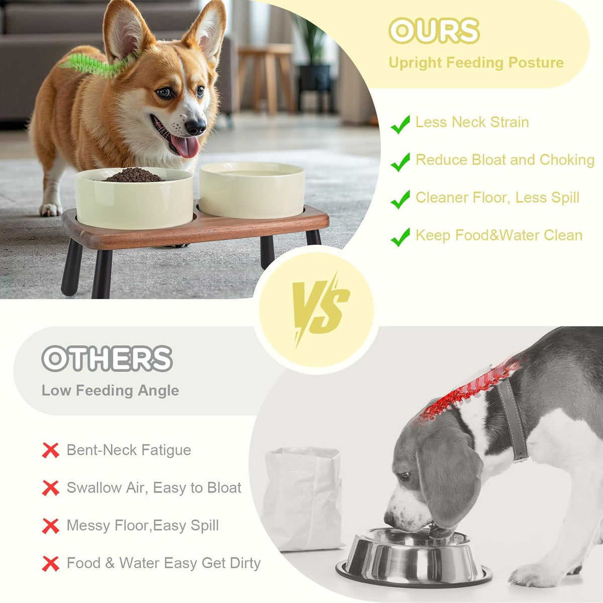 SPUNKYJUNKY Ceramic Elevated Dog Bowls Raised with Acacia Bamboo Wooden Stand, 6.1'' Dog and Cat Food Water Bowls Set Non-Slip for Small Medium Sized Breed Microwave Dishwasher Safe - 28.7 OZ,Beige