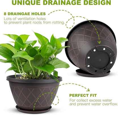 4 Pack 12 Inch Pots for Plants, Decorative Plastic Flower Pots with Drainage Hole & Saucer, Modern Large Planters for Outdoor Indoor Plants, Garden, Balcony, and Home Decor (Brown)