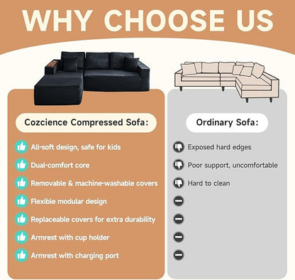 Modular Sectional Sofa Cloud Couch with Multi-Functional Armrests, Boneless Plush L-Shape Living Room Couch with Deep Seat, Fluffy Comfy Sleeper Sofa Easy Assembly (Black, Right Chaise)
