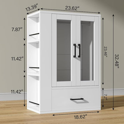 kepptory Pet Wardrobe Closet with LED Light, Side Storage Shelves & Drawer, White Pet Clothes Organizer Cabinet with Hanging Rod, Multi-Functional Pet Closet for Dogs & Cats Clothing, Toys