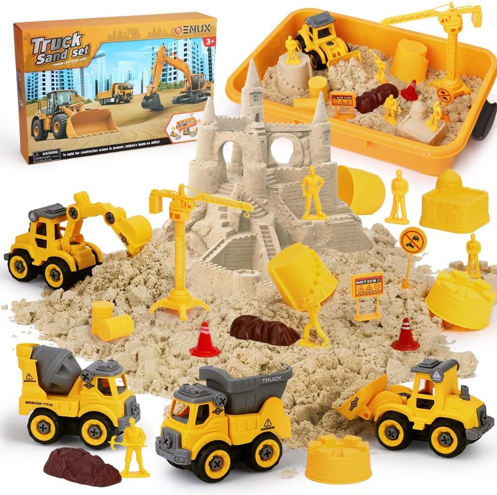 OENUX Play Sand Construction Set, Beach Building Castle Kit w/ 2.2lbs Play Sand, 4 Take Apart Construction Trucks Toys and Signs, Sensory Sandbox with Cover for Boy Girl Kid Toddlers Age 3-8
