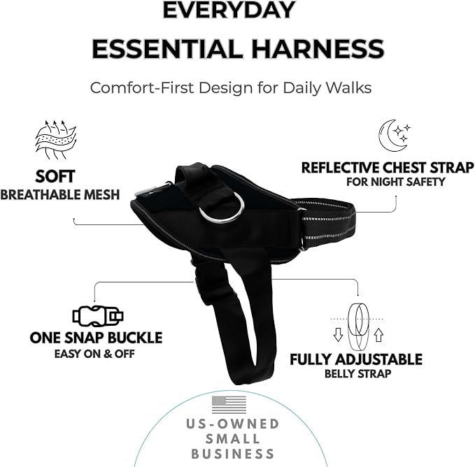 ShawnCo Essential Dog Harness, No-Pull Pet Vest (Midnight,M) | 3 Leash Clips, Easy On, No-Choke, Reflective, Adjustable Fit, Padded Comfort, Control Handle, For Small, Medium & Large Dogs