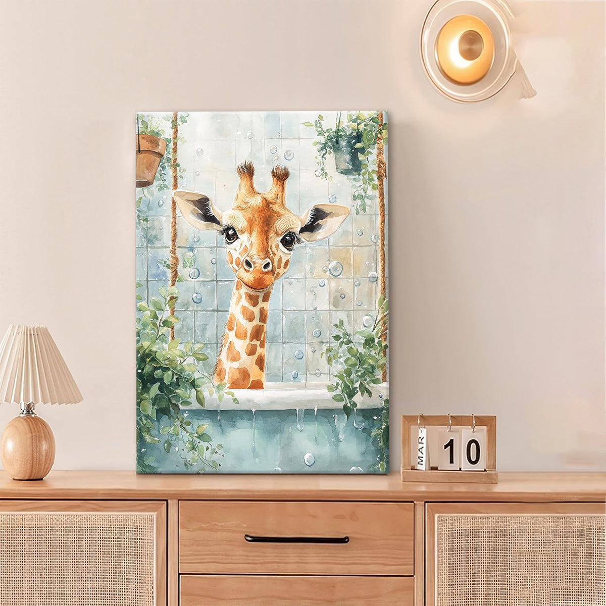 Bathroom Funny Giraffe Pictures Wall Art, Watercolor Giraffe Bathroom Wall Decor, Animal Framed Painting Canvas Artwork for Living Room Decorations 24"L x 16"W