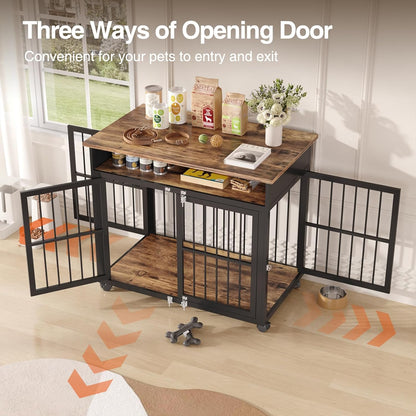 39.4" Dog Crate Furniture for Medium and Large Breed, Dog Kennel Furniture with Storage Shelf & Lockable Wheels, Heavy Duty Wooden End Side Table Pet Cage Indoor, Chew-Resistant, Brown