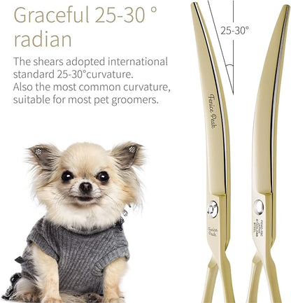 Fenice Peak Curved Dog Grooming Scissors with Cream Color Coating 440C Stainless Steel Pet Grooming Bending Shears Sharp and Durable Comfortable Engonomic Handle