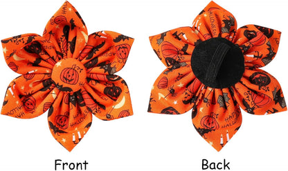 Lionet Paws Halloween Dog Collar with Flower, Cute Fall Orange Dog Collar for Large Dogs, Adjustable Cotton Pumpkin Bat Pet Collars for Girl Dogs