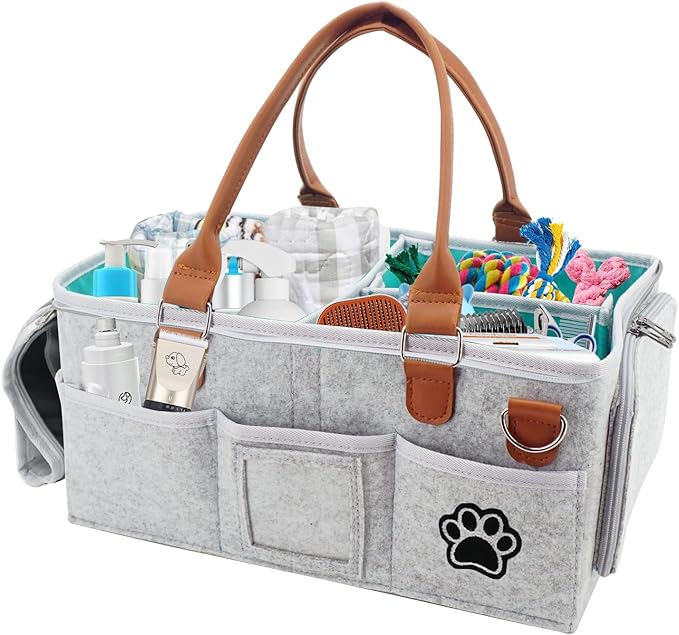 Felt Dog Grooming Bag,Portable Tote Bag for Dog and Cat,Puppy Storage Organizer for Grooming Tool Kit,3 Compartments Pet Stuff Oganizer with 8 Pockets