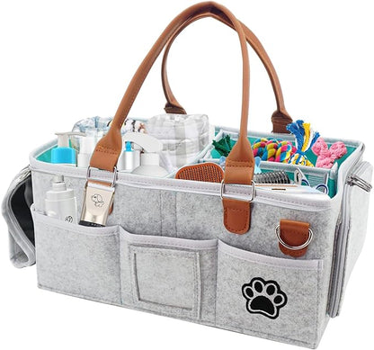 Felt Dog Grooming Bag,Portable Tote Bag for Dog and Cat,Puppy Storage Organizer for Grooming Tool Kit,3 Compartments Pet Stuff Oganizer with 8 Pockets