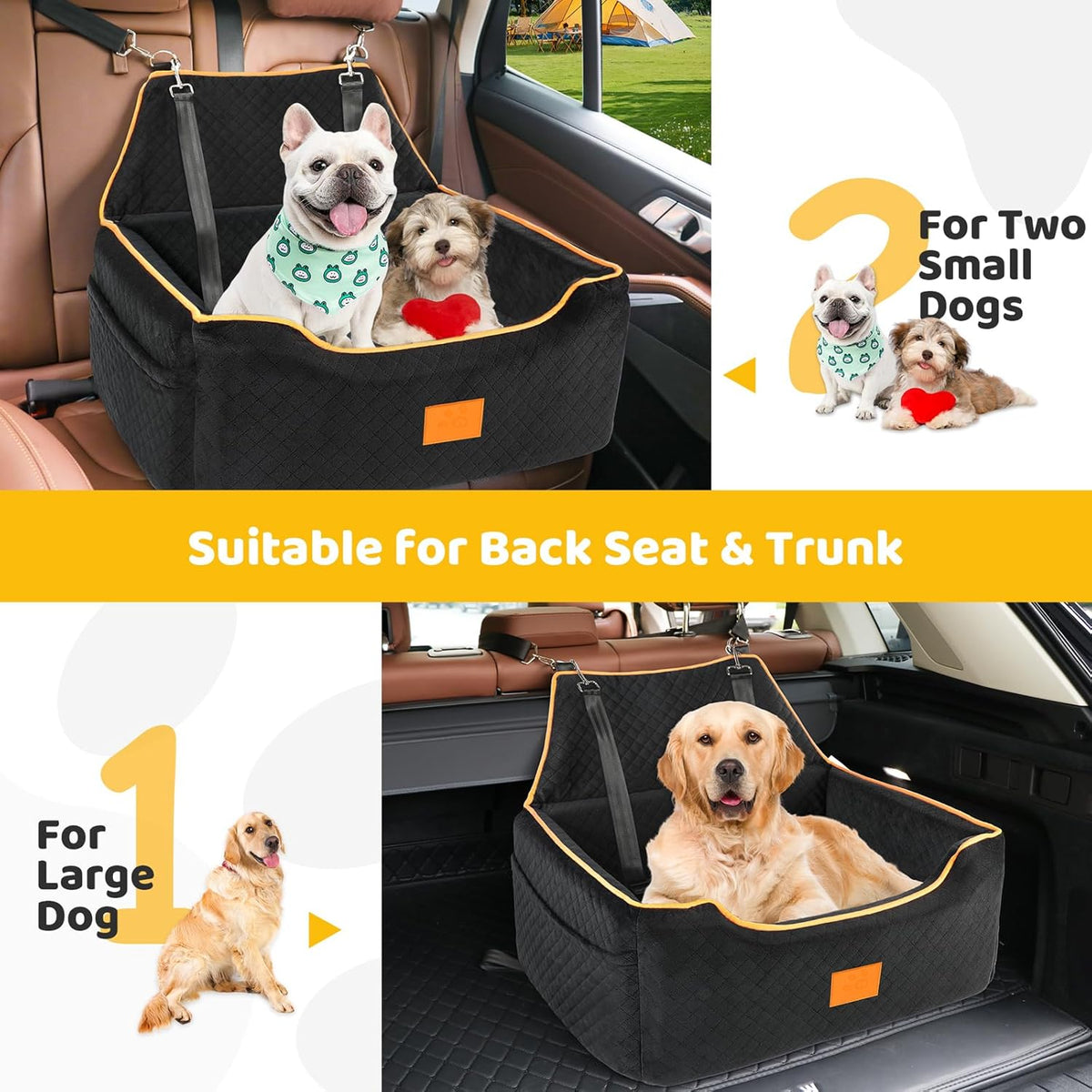 Dog Car Seat for Large/Medium Dog, Booster Seat for Dogs Under 55Lbs or 2 Small, Detachable and Washable Travel Pet Seat with Thick Cushion and Storage Pockets (Black)