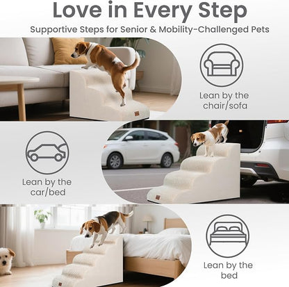 GoGoBunny Ramp Dog Stairs for High Beds 24.4" H, 5-Step Extra Wide Dog Slope Stairs with Durable Waterproof Fabric Cover, Pet Steps for Old Large Dogs Climbing, Non-Slip Sturdy Indoor Step, Beige