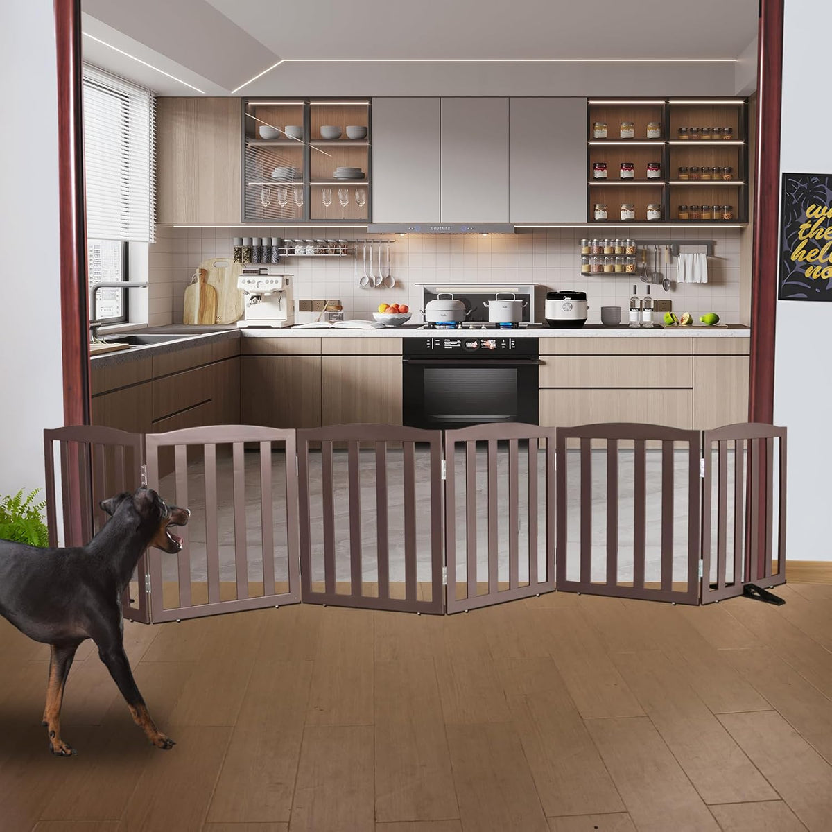 ZJSF Foldable Freestanding Indoor Dog Gate for House Wood Long Pet Gates Dog Fence for Stairs Puppy Gates for Hallways, Puppy Gate,Support Feet Included, Brown, 24 "Height-6 Panels