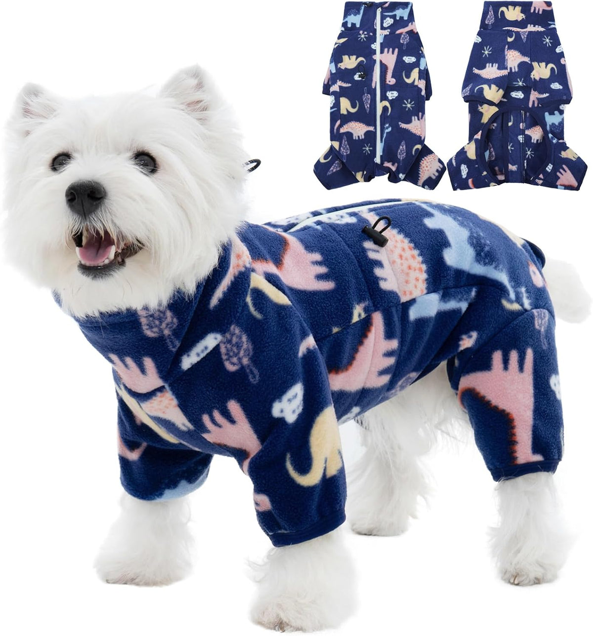 ROZKITCH Dog Pajamas Soft Fleece Pullover Pajamas, Pet Windproof Warm Cold Weather Jacket Vest with Reflective Zipper, Jumpsuit Apparel Outfit Clothes for Small Dog Dinosaur XS