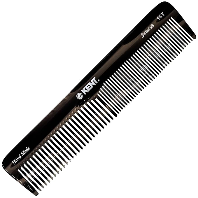 Kent 16T Black Graphite Fine and Wide Tooth for Daily Grooming,Handmade Styling Comb for All Hair Types,Wet or Dry Hair Detangling Comb for Men and Women,Saw Cut Hand Polished,Made in England