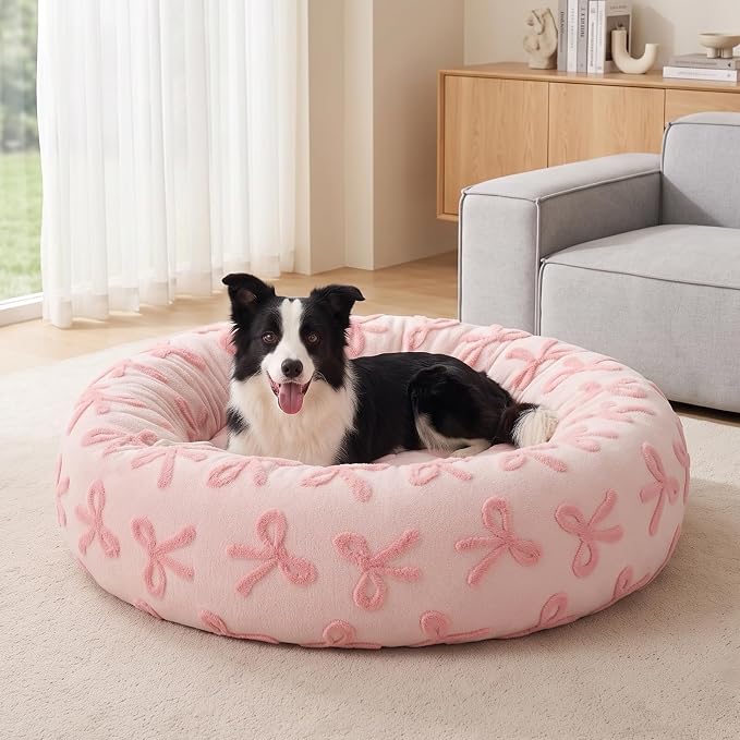 JOEJOY Jacquard Donut Round Small Dog Beds,Pink 23x23x8in, Removable Washable Cover, Cute Pattern, Ultra Soft Fluffy Calming Pet Bed with Thick Supportive Bolster
