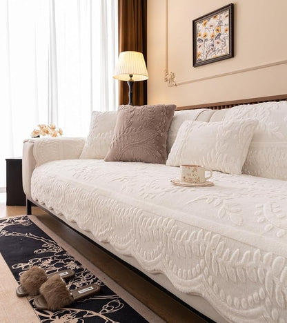 White Fuzzy Rabbit Plush Sofa Cover Cozy Warm Sofa Couch Covers with 3D Jacquard Leaf Pattern Non-Slip Easy-to-Install Shaggy Sofa Slipcover Prefect for Kids Dogs Cats Cats(White,36"x94")