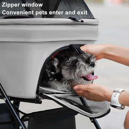Pet Stroller Pram Dog Carrier Trailer 4 Wheels Foldable Dog with Storage Basket,Holds up to 44 lbs,Adjustable Handle,Folding Travel Stroller Suitable for Traveling with Cats and Dogs (Grey)