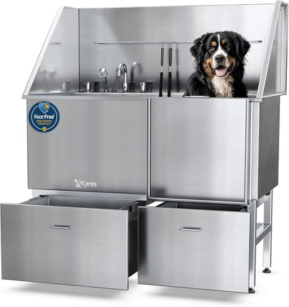 KANIS Professional Dog Washing Station - 304 Stainless Steel Pet Wash Sink & Grooming Bath Tub for Home with Ramp, Shower, Floor Grate, Storage Drawers, and Faucet for Large, Medium & Small Pets