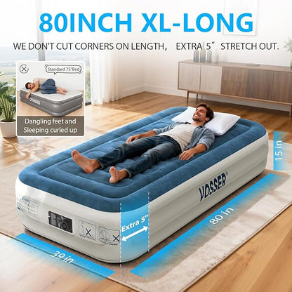 VOSSER Twin Air Mattress with Built-in Pump,Fast & Easy Inflation/Deflation Inflatable Mattress, Foldable Blow Up Mattress with Storage Bag, Inflatable Bed for Home, Camping & Guests