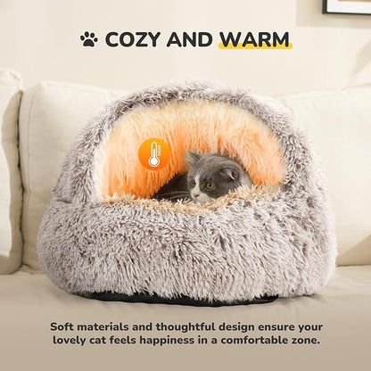 CATISM Plush Hooded Cat Bed, Calming Nest, Self-Warming Cave, Cozy Pod for Indoor Cats or Small Dogs, Removable Washable Cove With Non-Slip Bottom