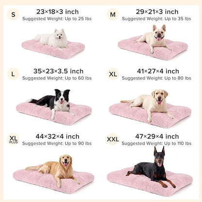 JOEJOY Large Dog Bed Crate Pad, Deluxe Plush Washable Dog Beds Fulffy Soft Kennel Pad Anti-Slip Pet Sleeping Mat for Large Medium Small Dogs, 35" x 23", Pink