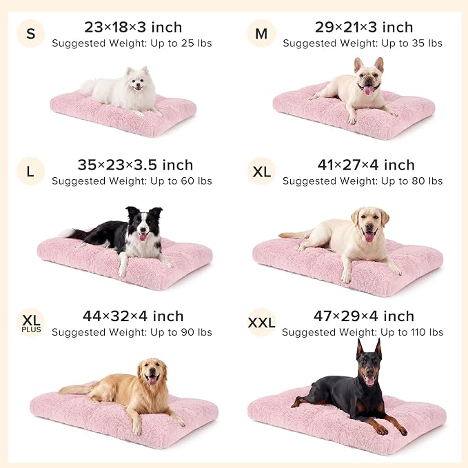 JOEJOY Large Dog Bed Crate Pad, Deluxe Plush Washable Dog Beds Fulffy Soft Kennel Pad Anti-Slip Pet Sleeping Mat for Extra Large Medium Small Dogs, 40" x 27", Pink