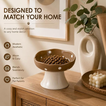Brown Mushroom Cat Bowl, Elevated Ceramic Bowl for Cats | Cute, Elevated, Ceramic, Whisker Friendly, Dishwasher Safe