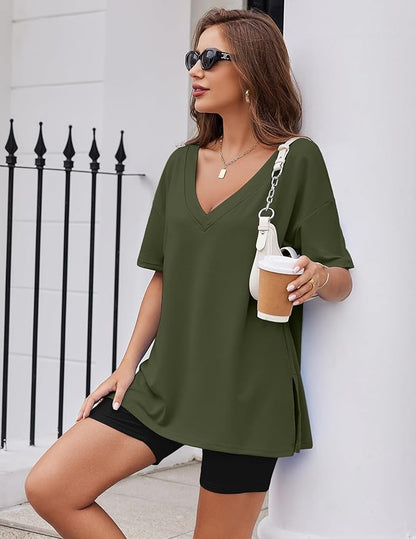 Ekouaer Womens Pajamas 2 Piece Lounge Sets Oversized V Neck T-Shirts Tops Biker Shorts Set Workout Reversible Tracksuit S-XXL