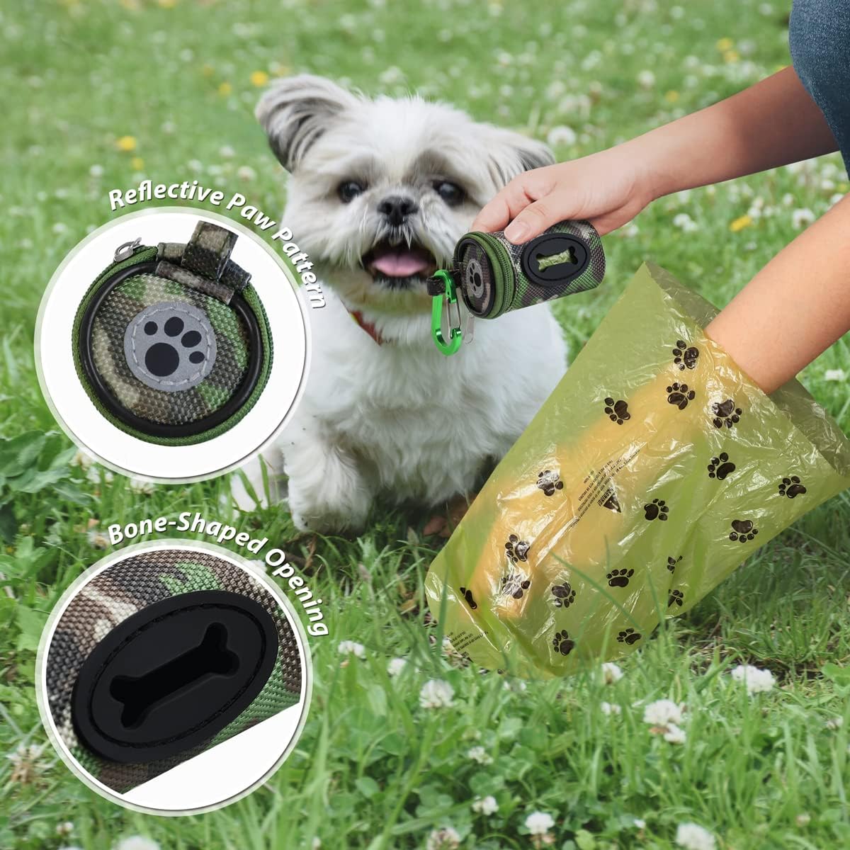 Dog Poop Bag Holder for Leash Doggie Waste Bag Dispenser Puppy Potty Carrier Small Doggy Zipper Pouch with Carabiner Clip 1680D Nylon Oxford with 1 Roll of Pet Trash Bags, Woodland Camo