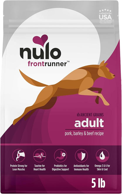 Nulo Frontrunner Ancient Grains High-Protein Dog Food, Pork, Barley, & Beef Recipe- Natural Dry Dog Food with Probiotics, Grain-Inclusive Kibble for Adult Dogs, 5 lb Bag