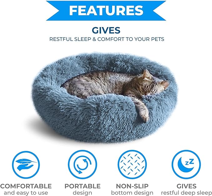 Whiskers & Friends Cat Bed, Cat Beds for Indoor Cats Washable, Orthopedic Soft Fluffy Round Calming Pet Bed for Small to Large Kitty Kittens & Dogs, Small Dog Beds & Furniture
