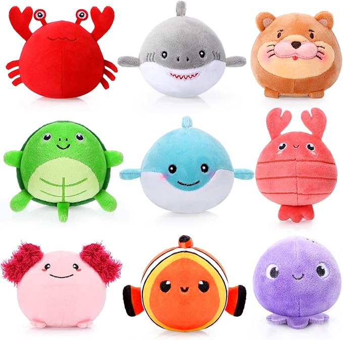 9 Pcs Mini Sealife Stuffed Animals 3.15 Inch Stuffed Shark Turtle Ocean Animal Soft Plushies for Birthday Ocean Party Decors Gift Bag Fillers Easter Basket Stuffers Classroom Prizes