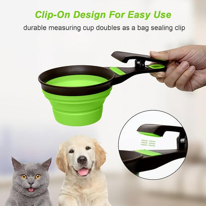 Collapsible Silicone Dog Food Scoop Foldable Pet Food Measuring Cup with Bag Clip 3 in 1 Multi-Function Silicone Dog Food Scooper (Green, Large)