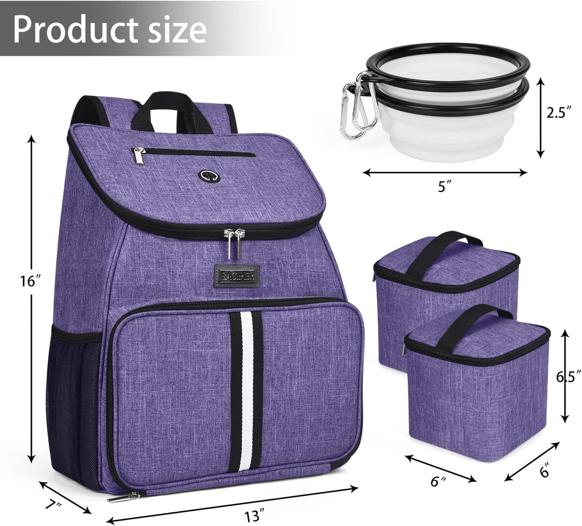 BAGLHER丨Dog Travel Bag, Airline Approved Pet Supplies Backpack, Dog Travel Backpack Accessories Set with 2 Silicone Collapsible Bowls and 2 Food Baskets. Purple