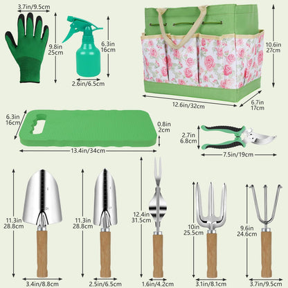 Garden Tool Set,10 Piece Garden Kit,Heavy Duty Stainless Steel Gardening Hand Tools with Durable Storage Tote,Rust-Proof Garden Tools,Gardening Gifts for Women Men Pink Floral Pattern Design