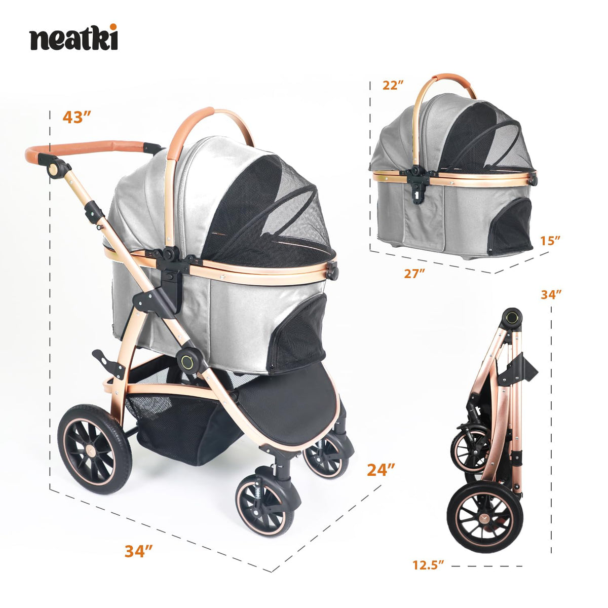 3 in 1 Pet Stroller - Stroller for Small to Medium Dogs and Cats up to 55 lbs, with Detachable Carrier/Car Seat, Foldable and Lightweight, Detachable Cushion + Cup Holder (Gray)