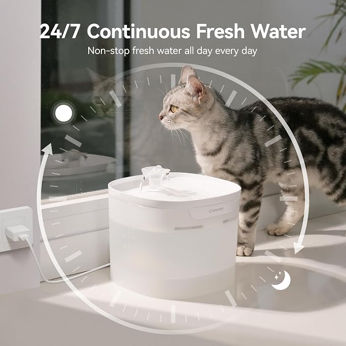 Cheerble Pumpless Cat Water Fountain, 2L/67oz Automatic Pet Fountain, Elfin E1 Lite Cat Fountain for Drinking, MagDrive™ Technology, Continuous Flow Mode, BPA-Free (White, E1 Lite)